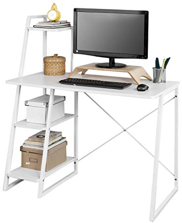 SoBuy Mesa de Escritorio, Mesa de Ordenador con Tres Estantes,Color Blanco,FWT29-W,ES