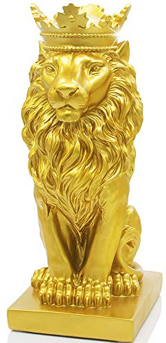 H&W Löwe Statue,Harz Skulpturen für Männer,Kronenlöwe Figuren Gold, Kunst Statue Sammelfiguren für Haus Büro Wohnzimmer Bücherregal Tisch Desktop Housewarming Décor