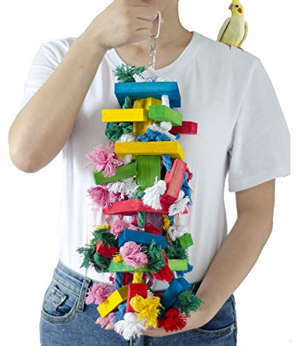 19.7 Bird Block Knots Tearing Toy, Natural Wooden Parrot Chewing Toy