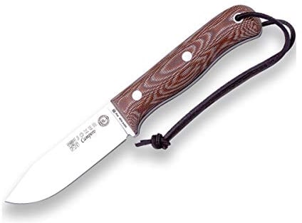 Joker Überlebensmesser BS9 Campero CM112-P, Micarta Canvas Griff, 10,5 cm Klinge aus SANDVIK 14C28N, braune Lederscheide mit Feuerstahl, Werkzeug zum Angeln, Jagen, Camping und Wandern