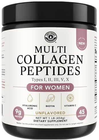 Multi Collagen Peptides Powder Types I, II, III, V, X Multi Collagen Protein Powder with Hyaluronic Acid, Biotin, Vitamin C, For Skin Hair Nails Joints and Gut Health - Keto, Non-GMO Supplement