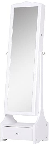 HOMCOM Espejo Joyero de Pie Armario de Joyería con Luces LED Cerradura Cajones Espejo y Mesa Interior Abatible para Comésticos 45x36x150cm