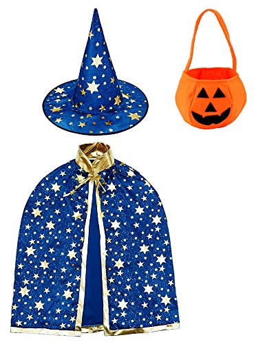Kinder Halloween Kostüm, Wizard Cape Witch Umhang mit Hut, Kürbis Candy Bag, Zauberer Mantel mit Requisiten für Jungen Mädchen Cosplay party (Blau)