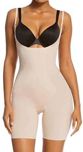 SHAPERX Fajas Colombianas Body Shaper Shapewear for Women Tummy Control Open Bust Mid-Thigh Bodysuit Post Surgery Slimmer, UK-SZ2490293-Beige-M