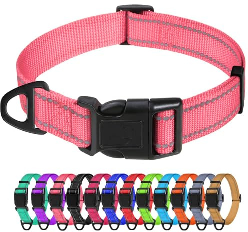 TagME Nylon Hundehalsband, Verstellbares Reflektierendes Hundehalsband mit Sicherheitsschnalle für Kleiner Hund, Rosa, 1.5cm Breite