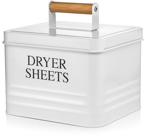 Calindiana Moderner Farmhouse Metall-Wäschetrocknerhalter, Weichspüler-Spender mit Deckel, für Waschküche, Dekoration und Zubehör, platzsparende Organisation und Aufbewahrung, Weiß