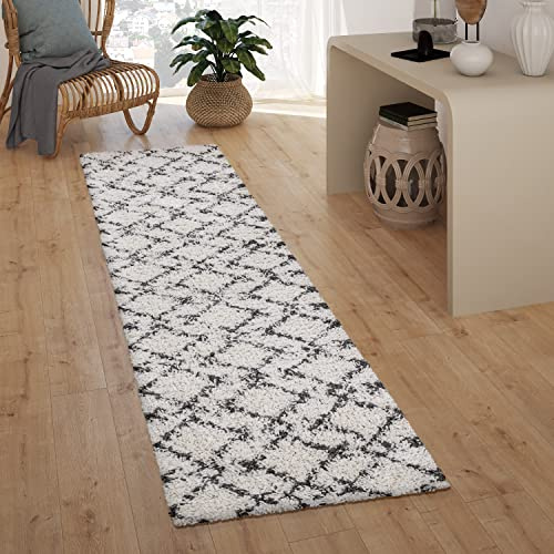 Paco Home Hochflor Teppich Läufer Flur Schlafzimmer Wohnzimmer Boho Shaggy Skandinavisch Rautenmuster Modern, Grösse:60x100 cm, Farbe:Creme Anthrazit 2