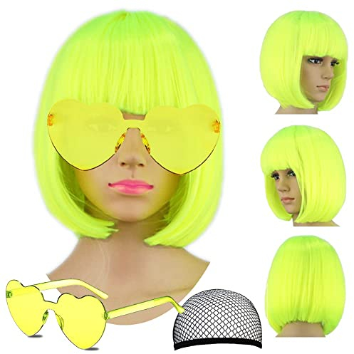 Party-Perückenkappe und Sonnenbrillen-Set, kurze Bob-Haar-Perücke, Cosplay, tägliche Party, Neonperücke für Frauen, herzförmige Sonnenbrille für Neon-Partys, Halloween,Cosplay-Perücke (grün)