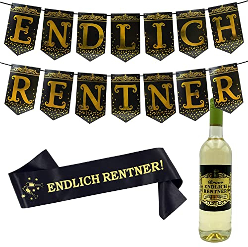 Oblique Unique® Endlich Rentner Deko Set - Girlande + Schärpe + Flaschenetikett Dekoration für Ruhestand Rente Pensionierung Männer Schwarz Gold