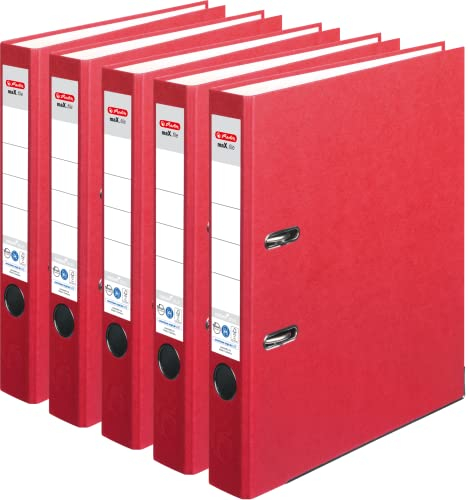 Herlitz Ordner maX.file nature plus, Spezialpapierbezug, Kantenschutz, standfest, A4 5 cm (Rot | 5er Pack)