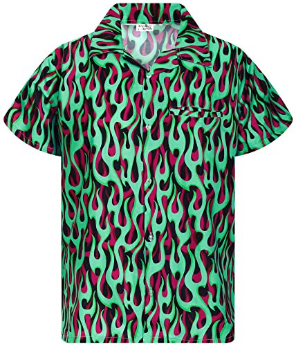 King Kameha Funky Hawaiian Shirt, Men, Shortsleeve, Flames Allover, Green, XL