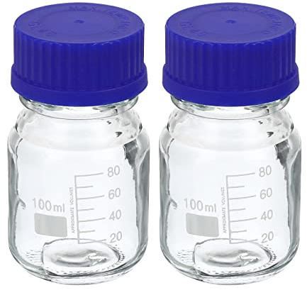 PATIKIL 100mL Reagent Media Bottle, 2Pcs Round Graduated Glass Storage Bottle Blue Screw Cap for Lab Home, Clear