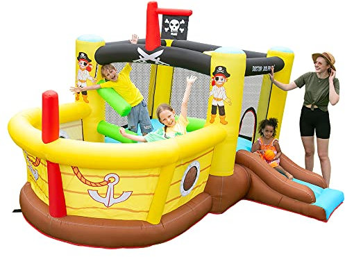 Doctor Dolphin Bounce House Inflatable Slide with Obstacles - Blower - Pirate Ship Theme - Ball Pit - Basketball Hoop, Inflatable Bouncers for Toddlers Kids 2-12 Outdoor or Indoor, Wet and Dry