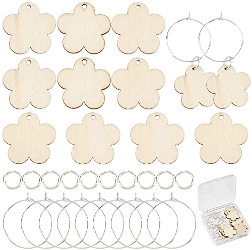 SUNNYCLUE 1 boîte en Bois Verre à Vin Breloques Marqueurs Étiquettes Bois Fleur Charme Verre Identificateurs pour Boissons Verres à Pied 20 pièces Pendentifs en Bois 20 pièces Cerceaux 30 pièces