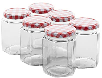 ZENO Glass Jam Jars 250ml | Glass Preserve Pots with Screw Top Red Gingham Lids | Airtight Pickle Jars | Homemade Jam | Marmalade & Chutney Jar | 6 Pack