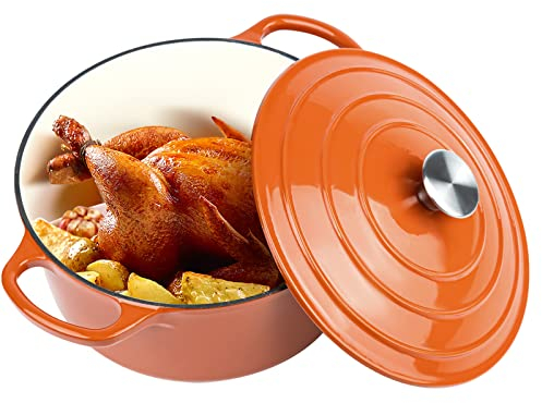 Miereirl 6 Quart Enameled Dutch Oven Pot with Lid, Cast Iron Dutch Oven with Dual Handles for Bread Baking, Cooking, Non-stick Enamel Coated Cookware (Orange)