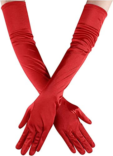 Youning Damen Handschuhe Opera Fest Party Tanz Classic Satin Handschuhe 1920er Stil Elegante Lang Abendhandschuhe Satinhandschuhe Elastisch Samt Ellenbogen Handschuhe für Frauen Mädchen (Rot)