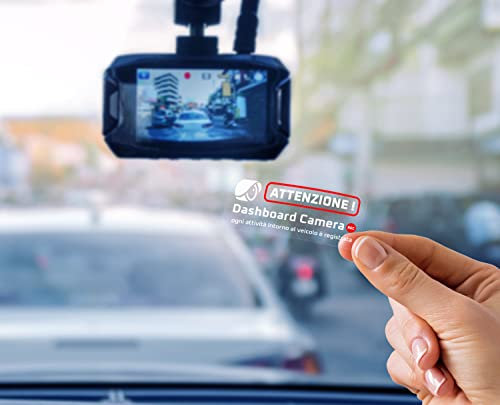Adesivi per Dash Cam, in italiano, avviso presenza Dashboard Camera a bordo veicolo, in vinile trasparente misura: 9x4 cm, scritte speculari per interno vetro, impermeabili, 4 pz.