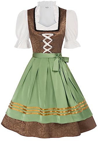 JASAMBAC Damen Dirndl 3 Teilig Oktoberfest Kostüme für Bayerischen Karneval Grün+Braun M