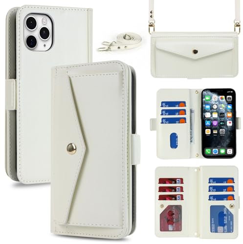 Zouzt for iPhone 11 Pro Max Wallet Case for Women, Purse with Credit Card Holder Slots Crossbody Lanyard Strap Flip Folio Book Shockproof Protective Cover for Apple iPhone 11 Pro Max 6.5 Inch (White)