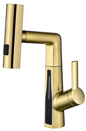 BEITH Robinet Lavabo Cascade, Moderne 3 Modes Dorée Mitigeur Lavabo avec Affichage Numérique LED, Tirable, Rotatif, Réglable en Hauteur, 59A Laiton Mitigeur de Salle de Bain (Or Brossé)