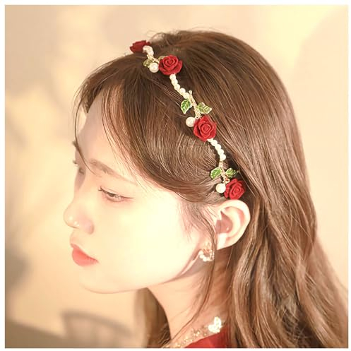 Bandeau à cheveux vintage années 1920 avec perles de rose et feuilles de camélia, accessoire pour femmes et filles (rouge)