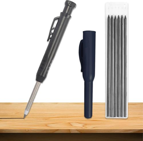 Mechanische Zimmermannsbleistifte mit 6 Minen, Tieflochmarker set 6 Minen + Spitzer + Schreibgriff, Professional Tieflochmarker inkl, Baustelle, Bohrlochmarker, Markierstift, Anreißwerkzeug