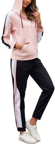 Litherday Jogging Femme Ensemble Survêtement Coton Rayé Ensemble Sport à Manches Longues Sportswear à Capuche Zippé,Rose,XXL