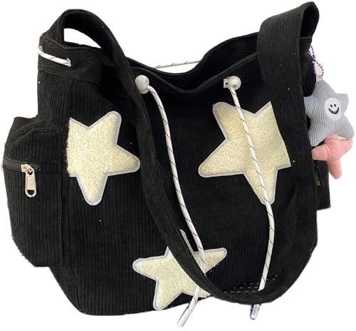 Makukke Cord Damen Umhängetasche, Cute Tote Bag Groß Crossbody Bag Shopper Schultertasche für Schule Büro Arbeit Reisen Ausflug Einkauf,Schwarz Tasche