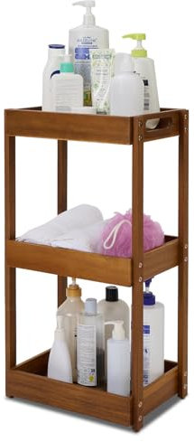 BEEFURNI Organizador de ducha de madera de acacia, organizador de ducha de 3 niveles, organizador de ducha esquinero resistente, estantes de baño de madera independientes, estante de pie para baño (3T