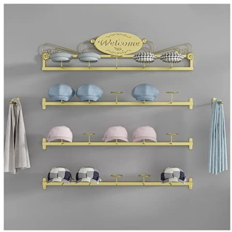 Regal zum Aufhängen an der Wand für Hüte und Kopfbedeckungen, Verkaufsständer für Helme/Perücken/Kappen mit 20 beweglichen Haken, für Zuhause/Geschäft/Garderobe, 4-stufiger Eisenrahmen (Gold, 100 cm
