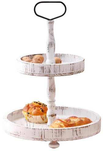 2 Tier Cake Stand Vintage Wooden Cake Stand with Metal Hand Round Tiered Cake Stand Cupcake Display Stand Decorative Tray for Wedding, Birthday, Halloween & Christmas Party, 2 Tier Cake Stand, Woode