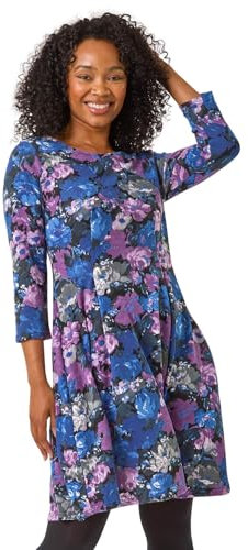 Roman Originals Tunic Dress with Pockets for Women UK Ladies Swing Fit & Flare Skater Slouch Stretchy Casual Smart Winter Jersey Pull On Work Office 3/4 Long Sleeves - Purple Multi - Size 16