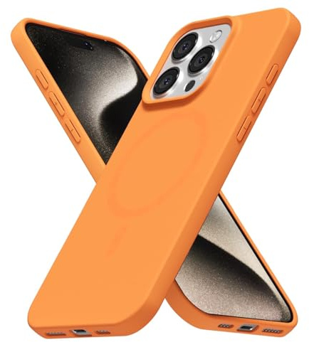 LoeoeL for iPhone 15 Pro Max Case Silicone Mag Safe, Compatible with Magsafe Ultra Slim Thin Magnetic Phone Case for Women Girls, Soft Rubber Gel Matte TPU Solid Color Minimalist Cover, Neon Orange