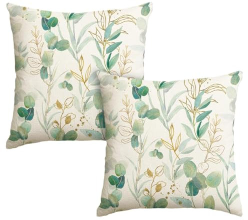 Artoid Mode Grün Eukalyptus Blätter Sommer Kissenbezüge 2er Set, 45x45 cm Frühling Saisonnal Zierkissenbezug Couch Wohnzimmer Deko