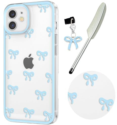 Knoowcase Case for iPhone 12, Cute Bowknot Pattern Clear Soft TPU Shockproof Phone Case for Women Girls, Slim Fit Silicone Bumper Shell Drop-Protection Transparent Cover for iPhone 12,Blue