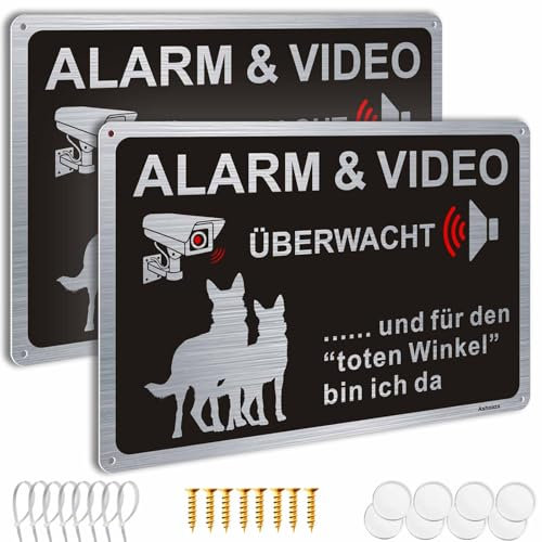 2 Stück Schild Alarm und Videoüberwachung, Hunde Kamera Aluminium 30x20, Warnung vor dem Hund Schilder Metall, Achtung Videoüberwachung Schild, Kamera Überwachung Alu (Warnschild)