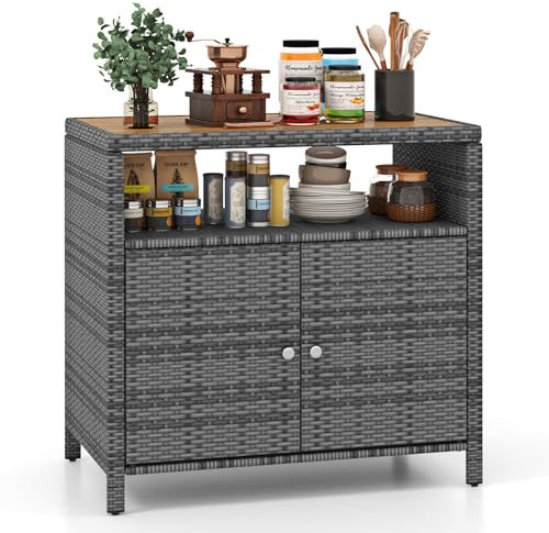 GIANTEX Armadietto da giardino, in rattan, per esterni, con piano di lavoro e scaffale, per giardino, balcone e piscina, 90 x 53 x 86 cm (grigio)