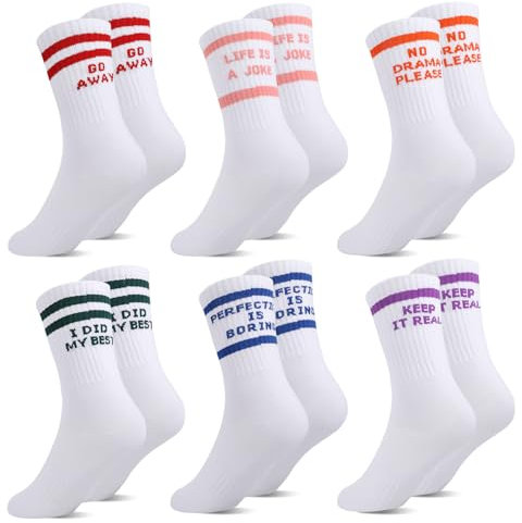 Utensilsto 6 Paar Tennissocken Damen Herren Sportsocken Weiße Baumwollesocken Spruch Hip Hop lustige Socken Geschenke Lässige Socken für Männer und Frauen 38-42(Lila+Blau+Rosa+Schwarz+Orange+Rot)