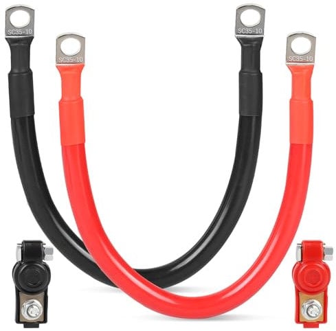 SWAWIS 2 Pièces Cable Batterie Voiture M10 30cm Cable 35mm² Cable Batterie 12V/24V avec Bornes Annulaires pour Moto Solaire Câble de Batterie de Masse Voiture, Noir + Rouge