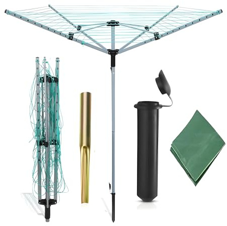 JYZ 60M Rotary Washing Line Heavy Duty 4 Arm Rotary Clothes Airer Outdoor Portable Garden Clothes Dryer with Ground Spike & Cover Folding Umbrella Rotary Clothes Dryer Rack Large Rotary Airers
