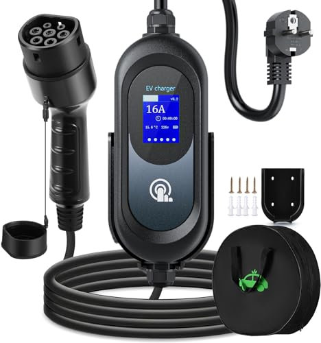 FNRIDS Chargeur Voiture Electrique 3,68kW,EV Chargeur Type 2 avec Support,8-16A Courant Commutable,Ecran Numérique Contrôlable,Charge Temporisée,Cable Recharge Voiture Electrique avec Sac (10m)