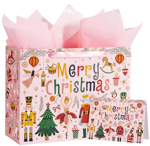 WRAPAHOLIC 13 Nutcracker Christmas Gift Bags with Tissue Paper and Card - Xmas Ballet Dancer Portable Paper Bags for Wrapping Christmas Presents