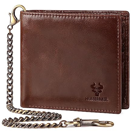 Genuine Leather Card Holder Wallet with Chain Accessory for Men, Women RFID Blocking 13 Card Slots 2 ID Windows 2 Bill Compartments Short Bi-Fold Wallet Gift (Brown)