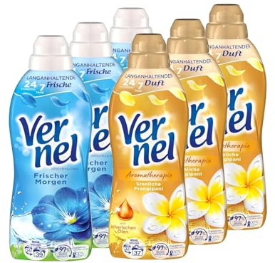 Vernel 6er Bundle – 3x Sinnliche Frangipani & 3x Frischer Morgen (37/39 WL) – Weichspüler mit 24/7 Frische & ätherischen Ölen