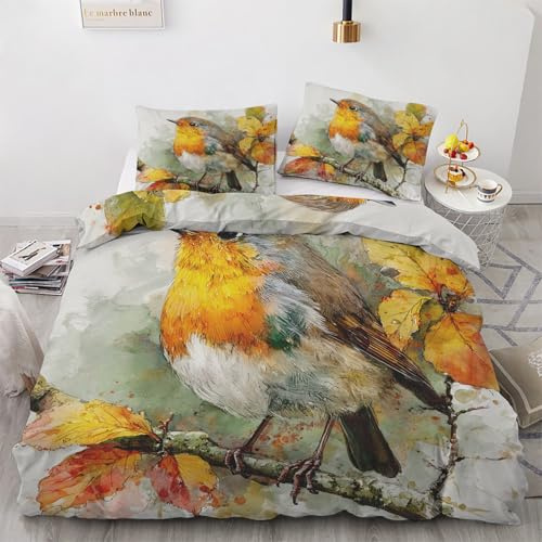 Generisch Aquarell Rotkehlchen Bettwäsche 135x200cm 2 teilig, Vogel Herbstlaub Bettbezug mit Reißverschluss, Weich & Bügelfrei, Herbst Vögel Bettwäsche Set Microfaser mit 1 Kissenbezug 80x80 cm