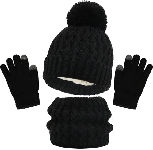 SSKHE Sciarpa per cappello invernale per bambini e set di guanti,Pom Bobble Hat Knitted Warmth Crochet Thick Fluffy Scarf Two Fingers Touch Screen Gloves Set for Boys and Girls 2-8(Black)