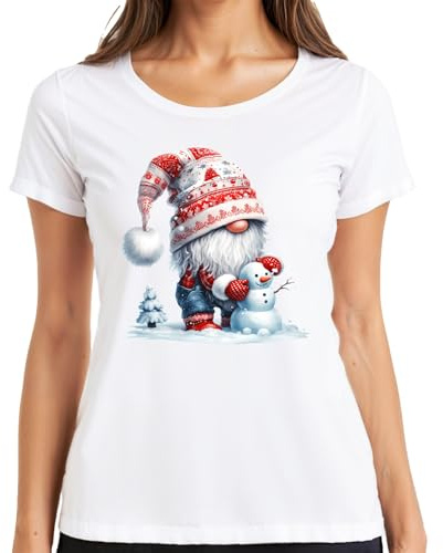 Nostalgischer Weihnachtsgnom mit Schneemann in Winterlandschaft Damen T-Shirt
