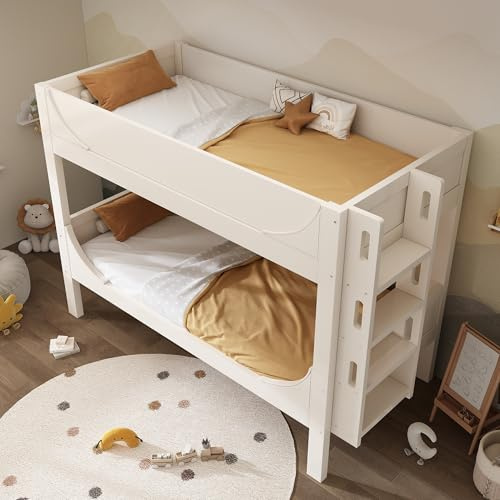 DUlVBPE Trennbares Etagenbett 90x200cm mit Flexibel am Kopf-/Fußende montierbarer Leiter, Schlittenform-Design, Aus 1 Bett Werden 2 Einzelbetten, Weiß(Ohne Matratze)