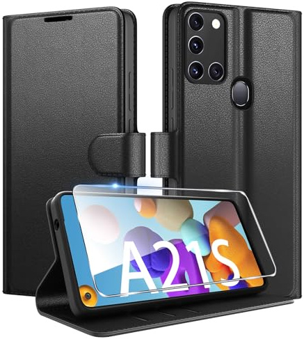 Coiwxmoi für Samsung Galaxy A21S Hülle Mit 1 Stück Panzer Schutz Glas, Wallet Premium PU Leder Handyhülle, Standfunktion Schutzhülle Kartenfach Stoßfeste Klapphülle Flip Case Cover Schwarz